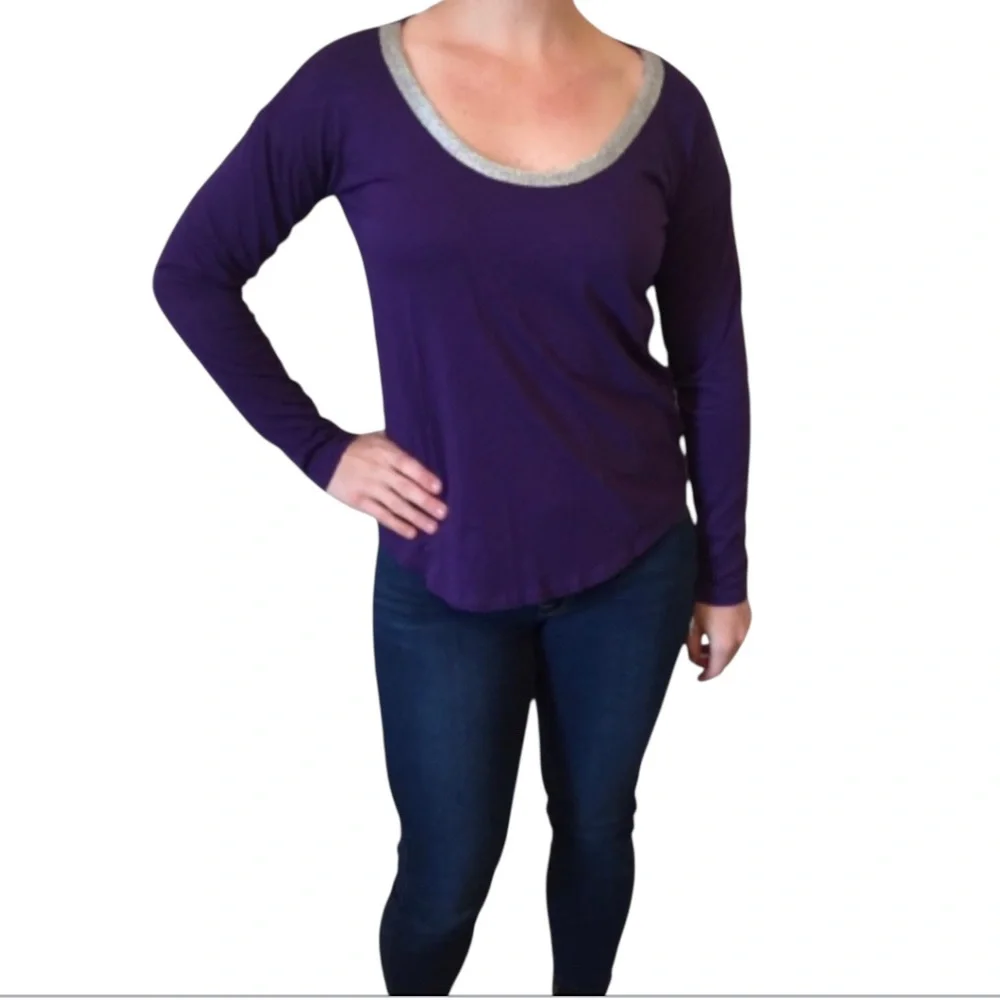 Michael Kors women's purple long sleeve top shiny silver neckline Size medium
